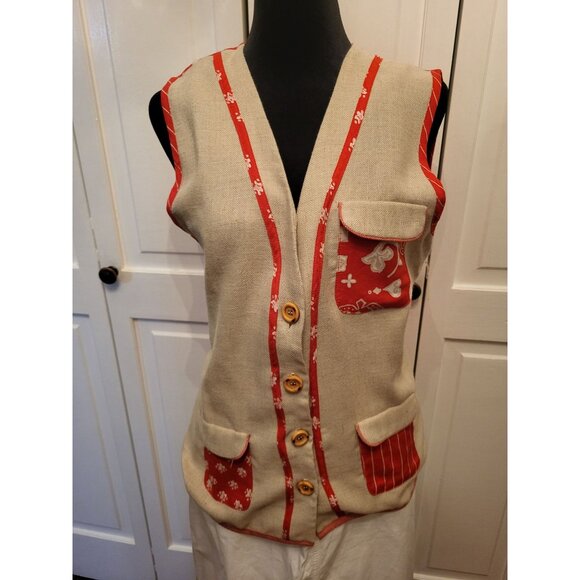 Jo Hardin Tops - Vintage 90s Linen Blend Coral Print Button Up Vest 6 Retro Preppy Old Money